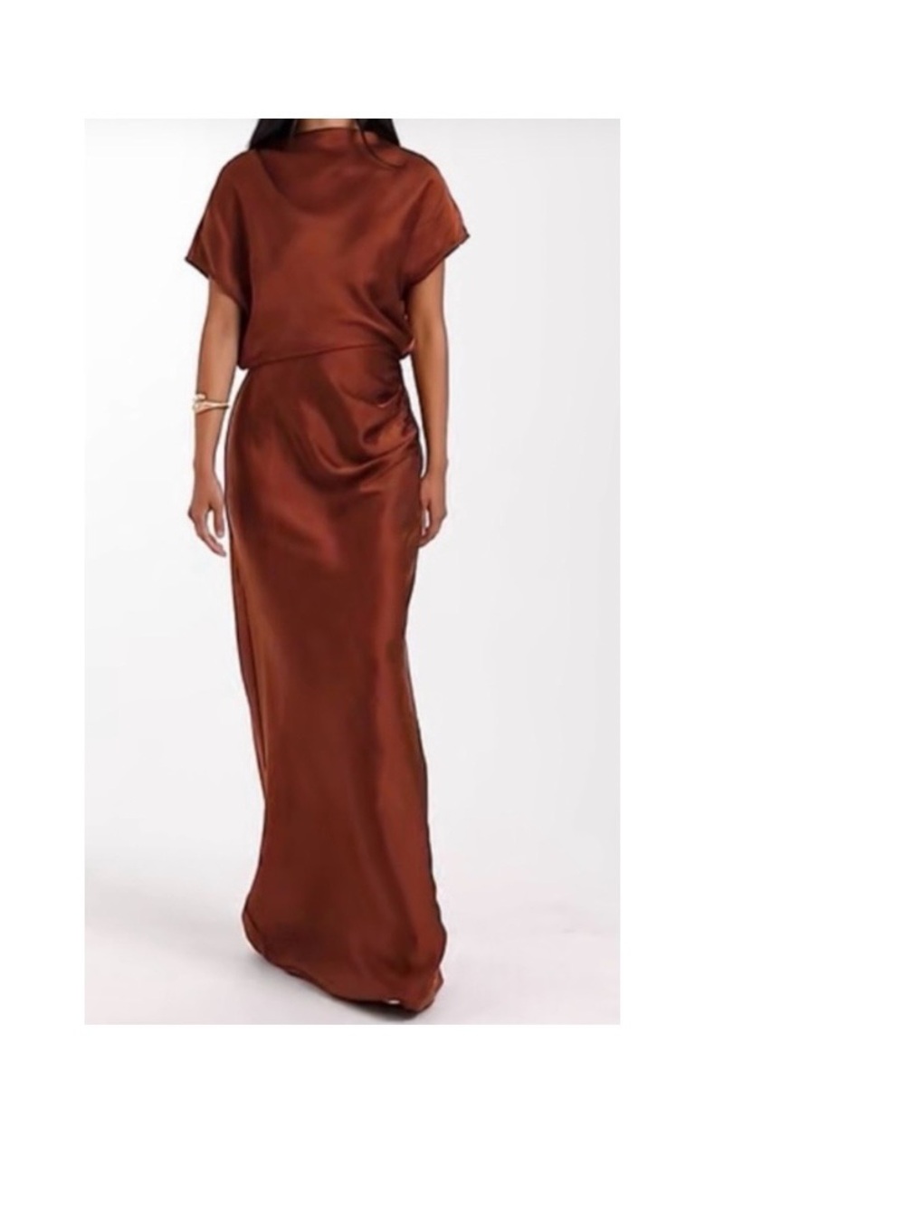 Satin Copper-Brown Maxi Dress with Draped Waist